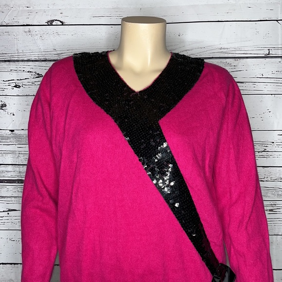 VTG Justine Todd Women NWT Size 3X Pink - Black Sequin Lambswool Angora Sweater - Picture 2 of 6